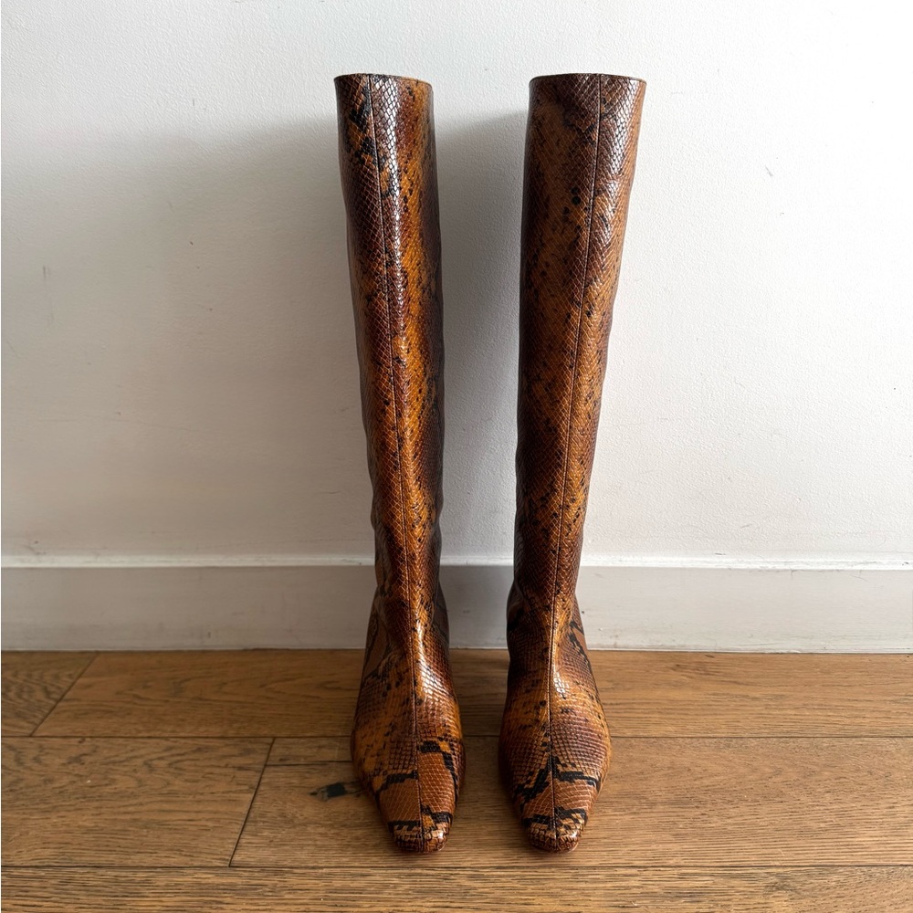 STAUD Tan Snakeskin Heeled Boots